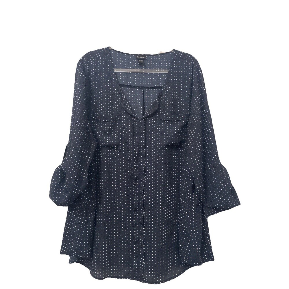 Torrid Plus Size 4 4x Navy Star Blouse Roll Cuff Button Front Sheer Retro Top